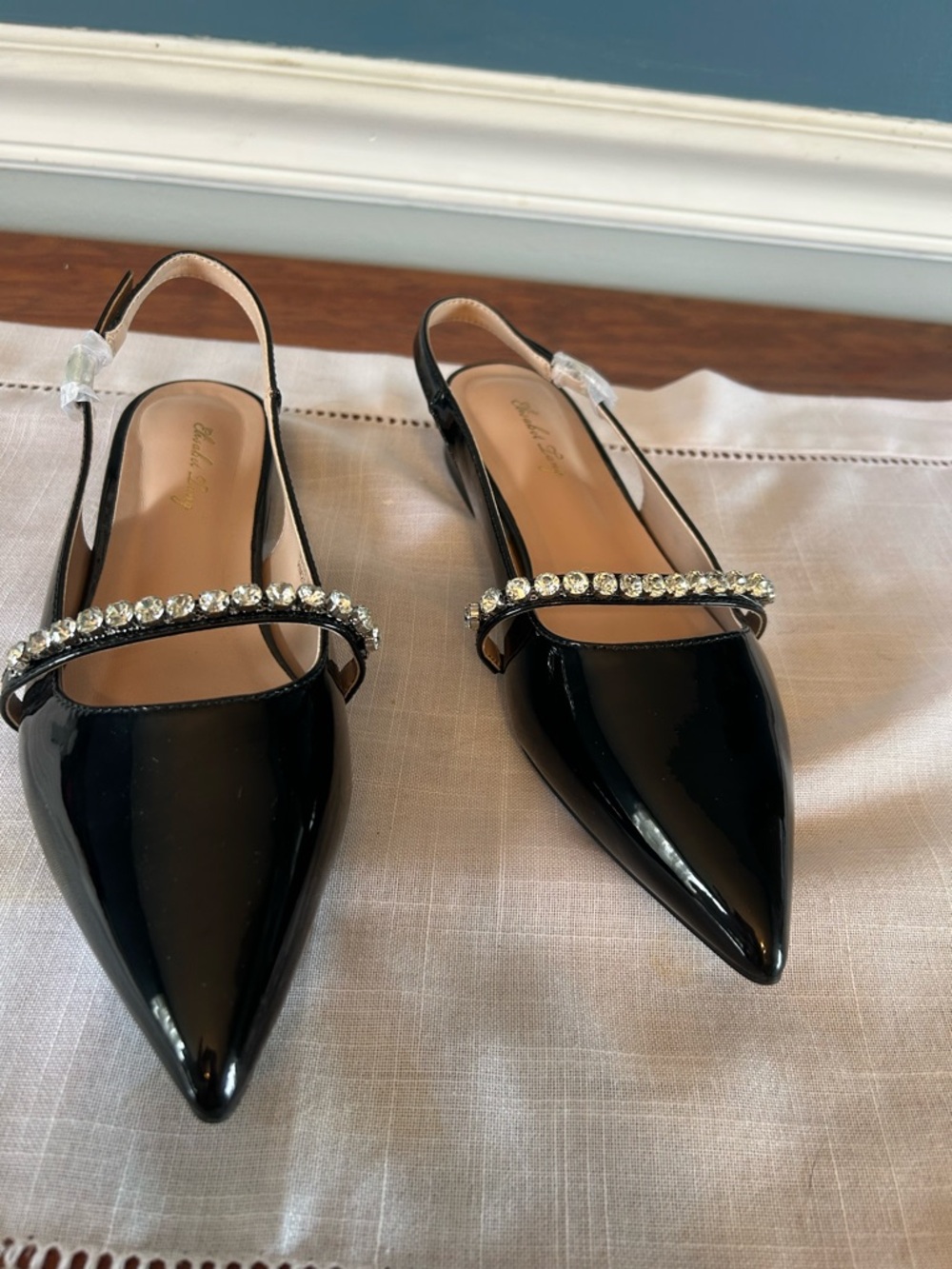 NW5 Women's Black Patent Slingback Flats with Diamond Strap Elisabet Lang 7 - Picture 3 of 5